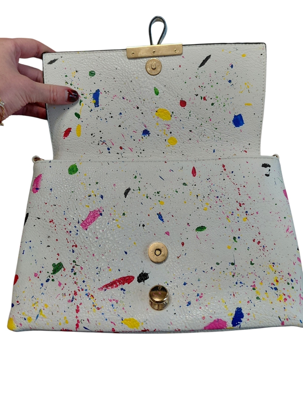 White Multicolor 80-90s Paint-Splatter Clutch with Gold Hardware - Picture 5 of 6